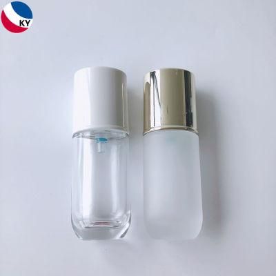 Frosted Transparent Oblate Round 30ml 1oz Glass Serum Lotion Foundation Liquid Bottle with White Silver Pump Cap