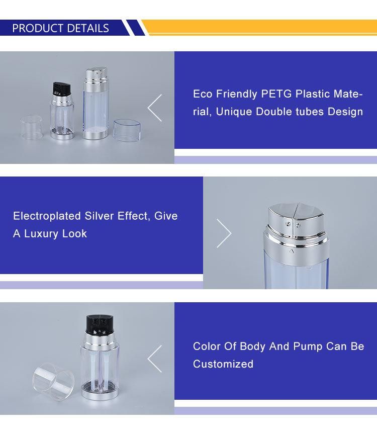 High Quality Cosmetic Packaging PETG Dual Chamber 30ml Two Spray Airless Pump Lotion Bottle