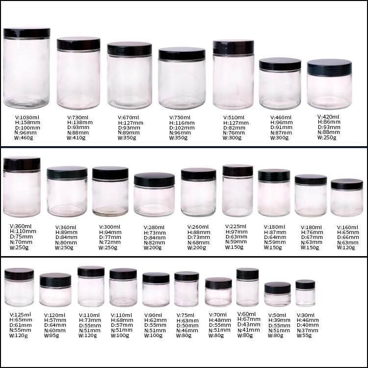 Low Profile 1oz 2oz 3oz 4oz Empty Clear Hemp Storage Container Flowerglass Jar with Black Lid