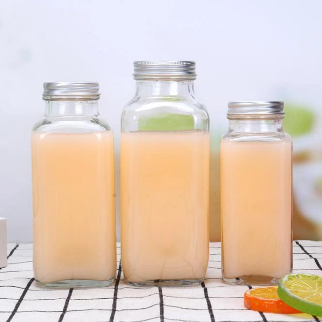 250ml 350ml Wide Mouth French Square Organic Juice Glass Bottle, Milk Beverage Glass Bottles