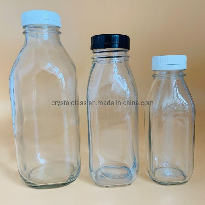 200ml 250ml 300ml 500ml Clear Square Glass Milk Juice Bottle with Cap for Cold Coffee