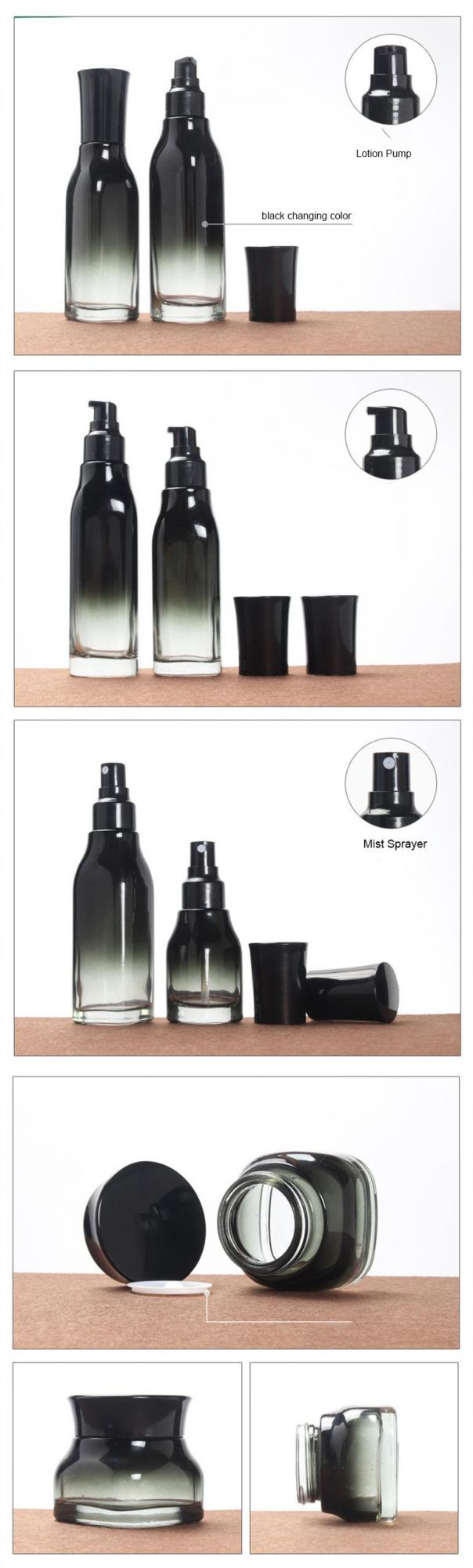 Luxury Black Glass Cosmetic Cream Jar Pump Lotion Bottle Mist Spray Bottle