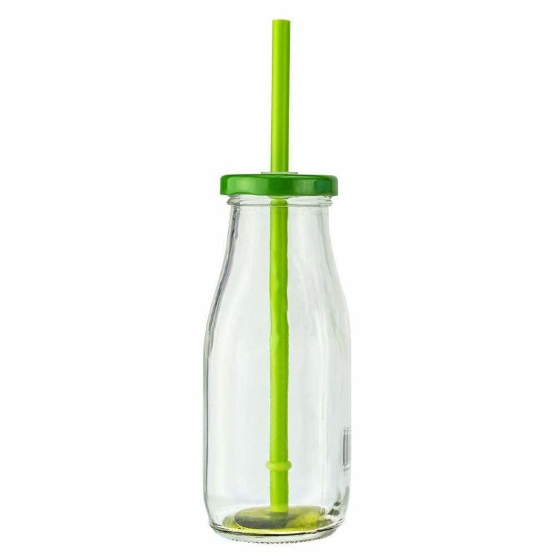 300ml Glass Milk Bottle Square-Round Tinplate Lid and Straw