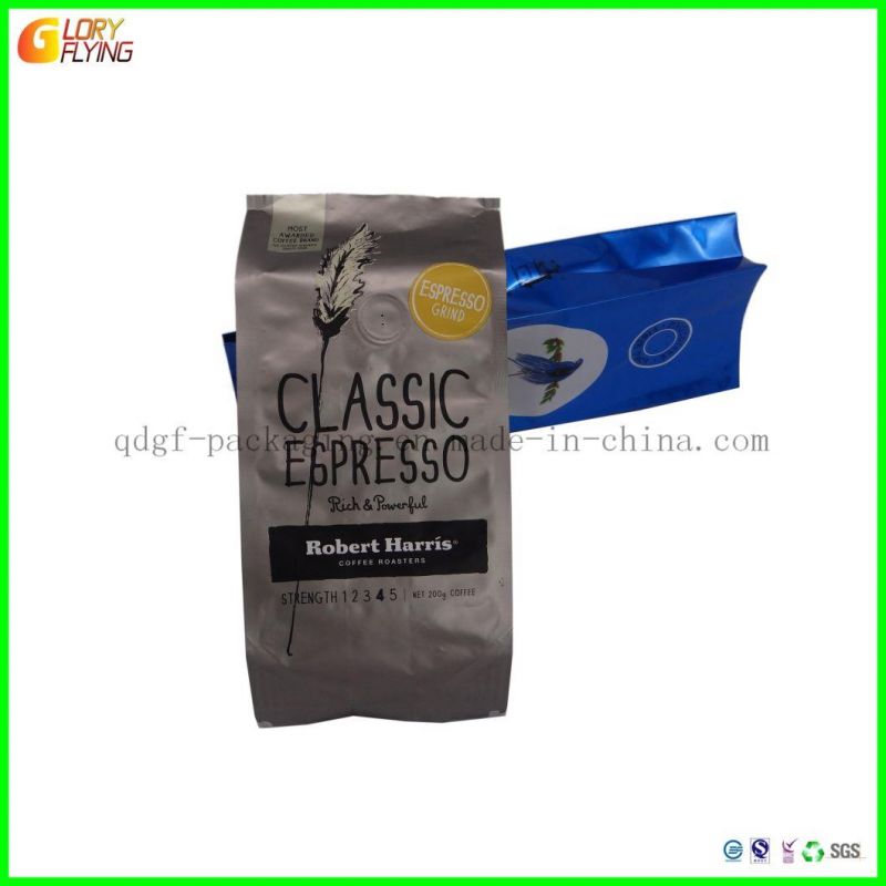 Biodegradable Customized Aluminum Foil Ziplock Pouch Flat Bottom Style Coffee Packaging Bags with Valve/Food Packaging for Ground Coffee.