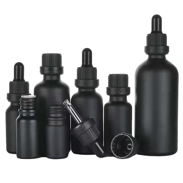 Frosted Matte Black Essential Oil Bottle with Dropper Screw Cap