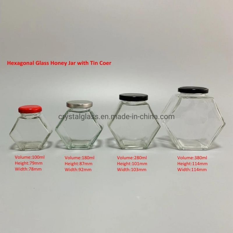 Flat Hexagon Glass Jar 380ml Honey Jar with Black Tinplate Lid