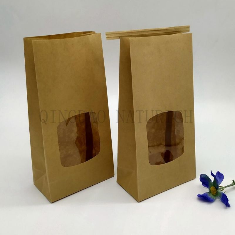 Heat Sealable Box Bag Recyclable Brown Kraft Paper Bag with Clear Window