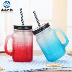 16oz 500ml Colored Mason Glass Jar with Handle with Straw for Beverage Drinking