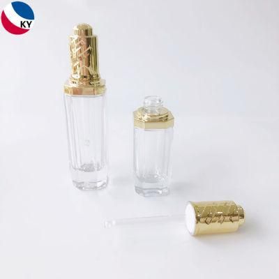 30ml 50ml Push Button Pump Transparent Thick Unique Glass Cosmetic Dropper Packaging Bottle with Gold Press Dropper