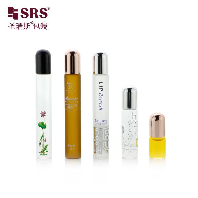 SRS Packaging China Manufacturer High Quality Cosmetic Clear Amber Essential Oil Perfume Bottle & Plastic Eye Serum Steel Roller/Roll On Glass Vial No Leakage