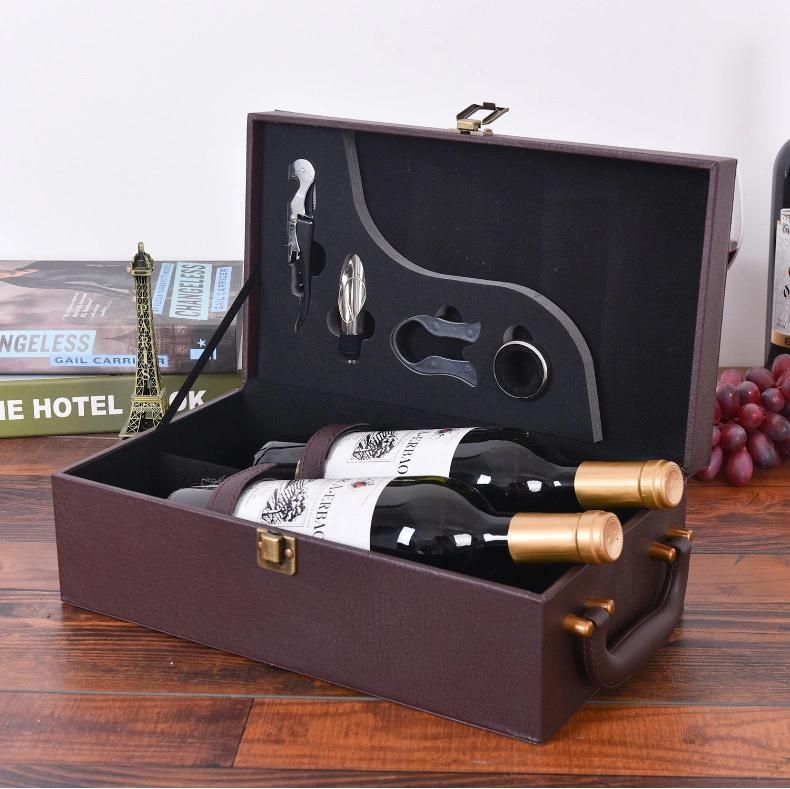 Custom Wholesale Packing Printed Handle Portable Embossed Bronzing Laser Luxury PU Leather Wooden Glass Wine Whisky Bottle Packaging Liquor Gift Box Printing