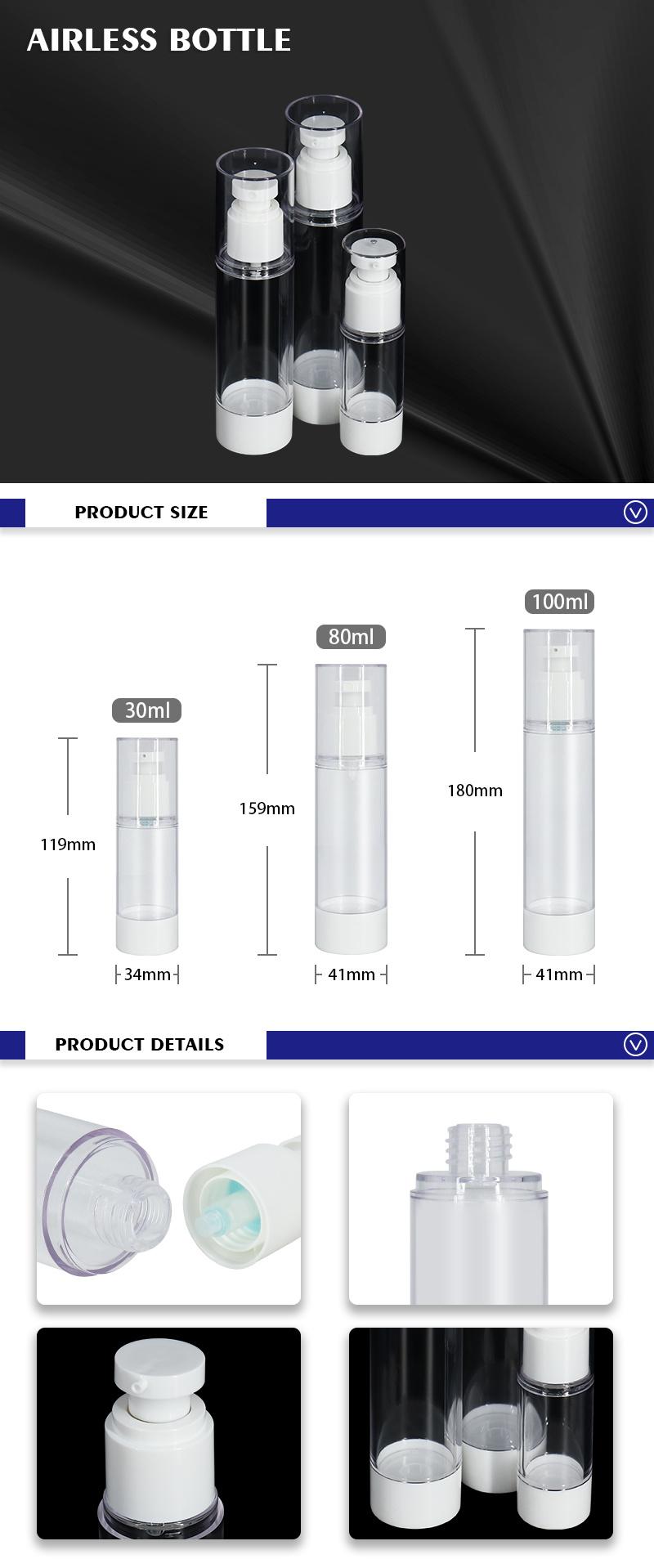 OEM Custom Eco Friendly as Cosmetic Packaging Transparent 100ml 80ml 30ml Airless Pump Bottle