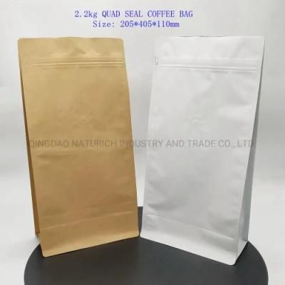 Stock Quad Seal Coffee Bag 2.2kg Kraft Paper Coffee Bag