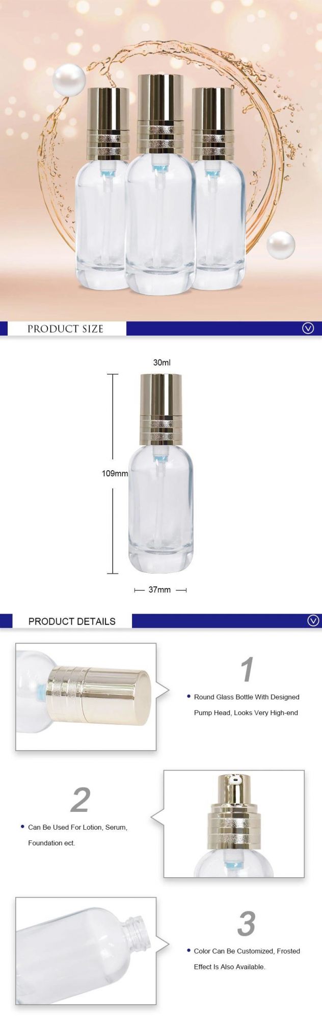 30ml Pump Glass Bottle for Women Hair Oil Long Heavy Wall Serum Glass Essence Bottles