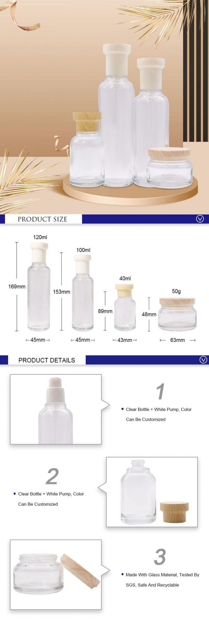 Glass Empty Cosmetic Packaging Set Transparent Packaging Skincare 120ml 100ml 40ml 50g Glass Cream Bottle for Lotion or Serum