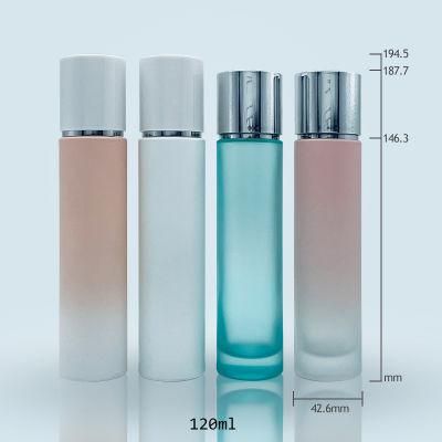 Luxury Cosmetic Packaging Cylinder Round Frosted Matte White Blue 120ml Glass Pump Bottle Toner Glass Bottle