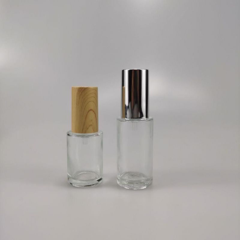 30ml 40ml 50ml 80ml 100ml 120ml Press Spray Pump Glass Bottle Lotion Bottle with Wood Grain Cap and Silver Cap