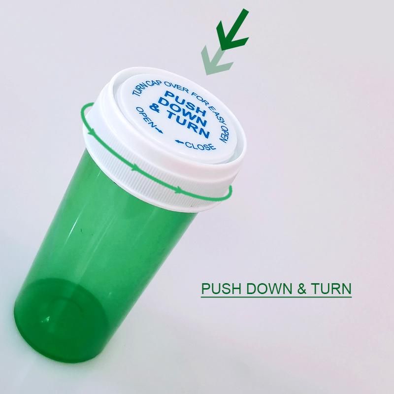 Child Proof Medecine Container Plastic Reversible Pharmacy Capsule Pill Bottle Vials with Child Resistant Push and Turn Caps