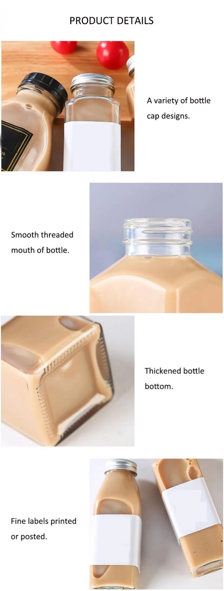 10oz Square Glass Milk Beverage Bottle with Safety Plastic Cap