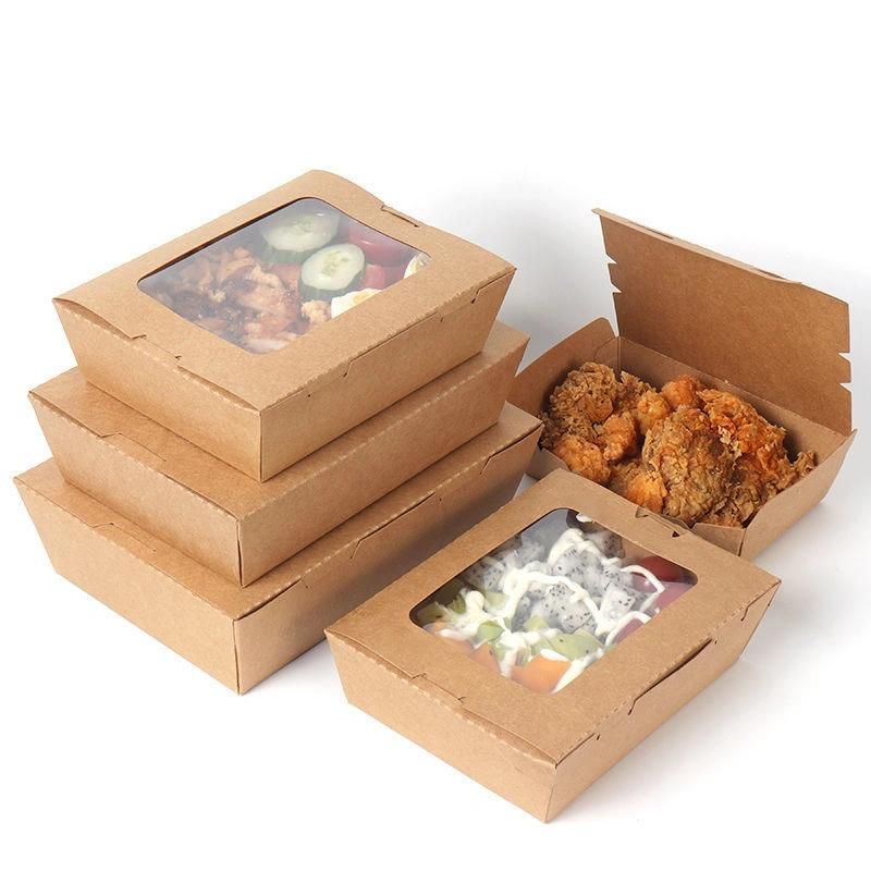 Folding Paper Takeout Box Disposable Food Container Paper Fast Food Clear Pet Windows Packaging