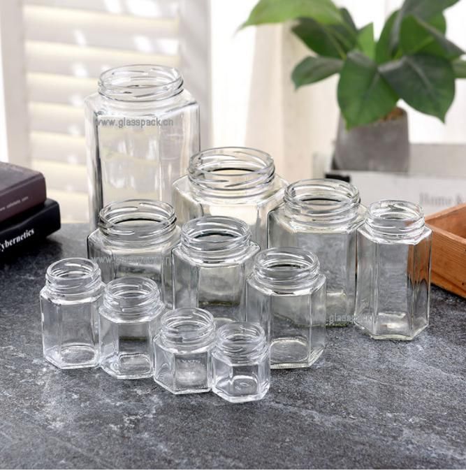 Large Size Hexagonal Glass Jar Fitting Metal Cap