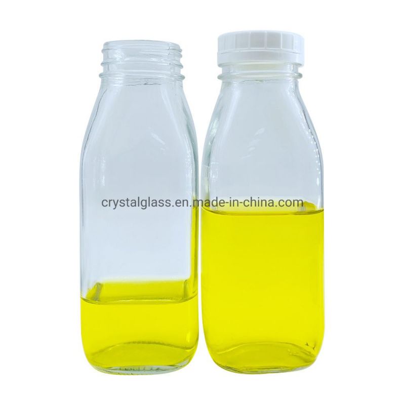 500ml 16oz Transparent Glass Square Fresh Milk Tea Juice Bottle with Plastic Lids
