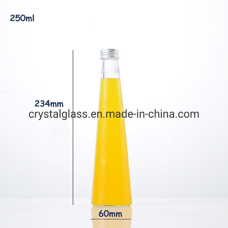 Long Cone Shape Clear Glass Beverage Juice Bottle 250ml 330ml