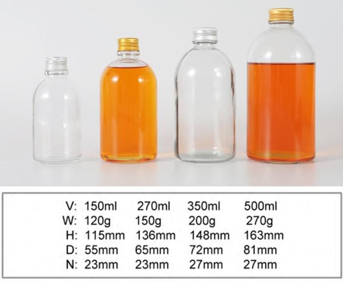 150ml 270ml 350ml 500ml Clear Round Glass Beverage Bottle for Juice with Aluminum Cap