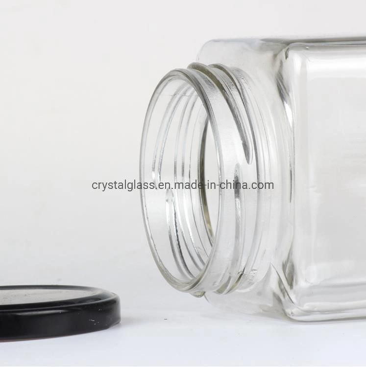 Various Sizes Square Honey Jam Jelly Glass Jar with Black Lug Lid for Food Packaging Jar