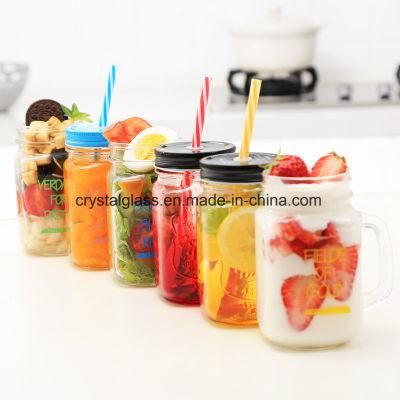 450ml Screw Cap Cold Beer Drinking Glass Mason Jar with Handle 16oz