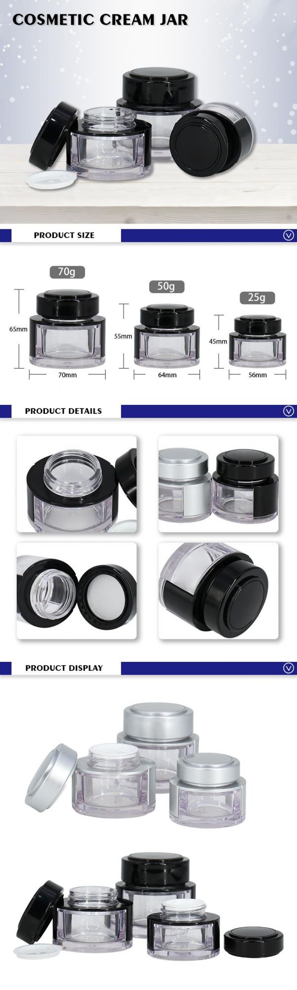 Eco Friendly Cosmetic Packaging Manufacturer Black and Silver 70g 50g 25g PETG Cream Jar for Cosmetic