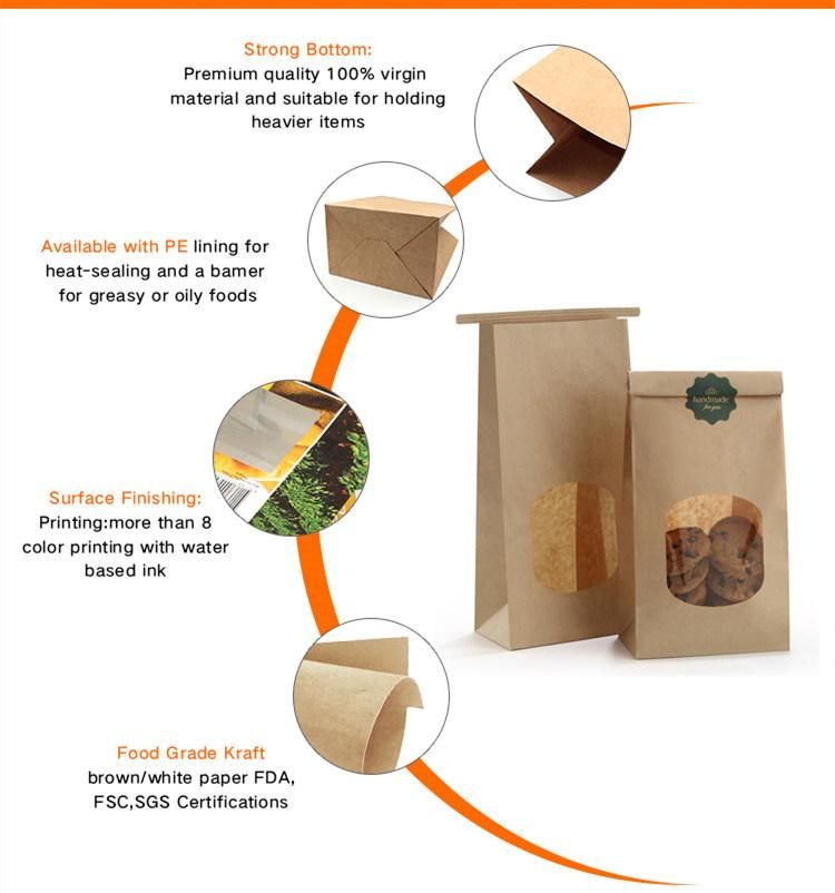 Custom Recyclable Bread Packaging Tin Tie Kraft Paper Bag with Clear Window