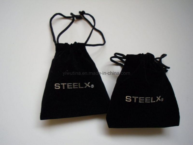 Luxurious Black Velvet Jewelry and Cosmetic Packaging Bag with Hot Foil Silver Logo