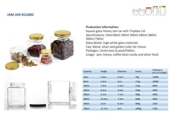 Round, Square, Hexagon Shape Glass Food Packaging Jars, Honey Jar with Metal/ Plastic Lids for Packaging Honey, Jam