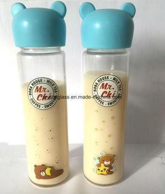 Customize Printing Glass Beverage Cup Bottle with Bear Plastic Cap