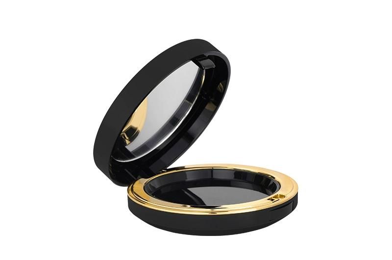 Round Empty Black Plastic Cosmetic Compact Case for Pressed Powder with Gold Rim