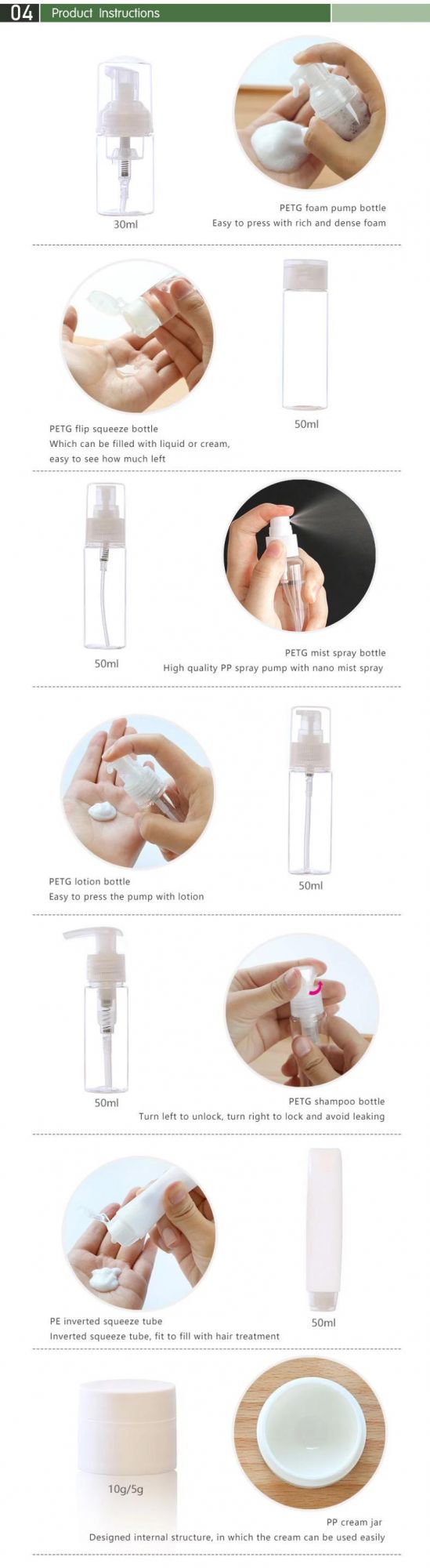 in Stock! 8PCS Plastic PETG Cosmetic Bath Packaging Travel Bottle Set Bag