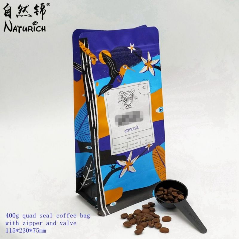 Quad Seal Bag with Zipper and Valve Coffee Packaging Bag