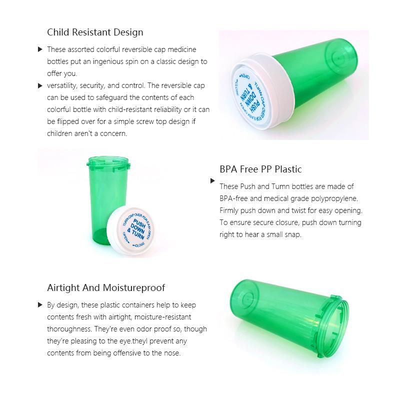 Child Proof Medecine Container Plastic Reversible Pharmacy Capsule Pill Bottle Vials with Child Resistant Push and Turn Caps