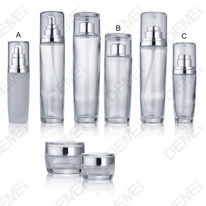 30/100/120ml 30g 50g Cosmetic Skin Care Packaging Clear Conical Toner Lotion Glass Bottle and Cream Jar with Shiny Silver Cap