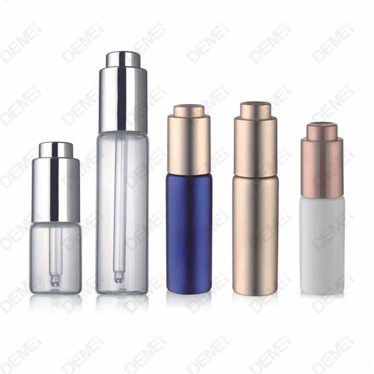 10ml-40ml Wholesale Cosmetic Packaging D27.5mm Stright Round Clear and Amber Serum Essential Oil Tube Glass Bottle with Gold Aluminum Press Button Dropper Cap