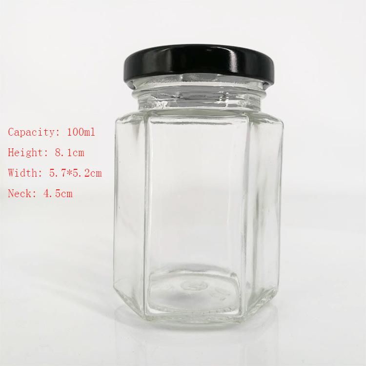 100ml Six Edge Glass Pickles Honey Jam Sauce Jar with Black Lid