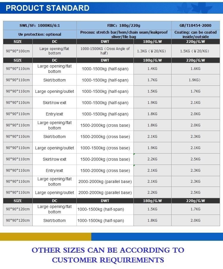 1250kgs Big Bag/Jumbo Bag /FIBC /Bulk Bag/Ton Bag for The Animal Nutrition /Chemical/Construction