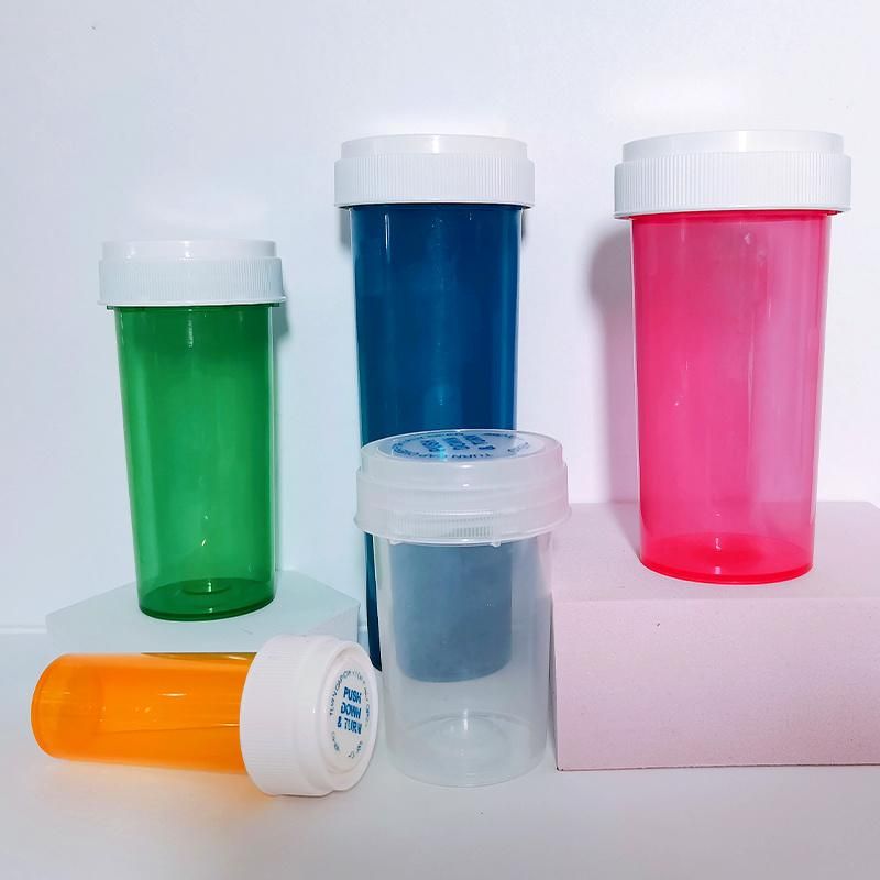 Child Proof Medecine Container Plastic Reversible Pharmacy Capsule Pill Bottle Vials with Child Resistant Push and Turn Caps