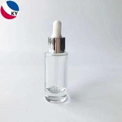 10ml 20ml Round Shape Flat Shoulder Clear Serum Oil Glass Dropper Bottle Silver Aluminium Collar Dropper