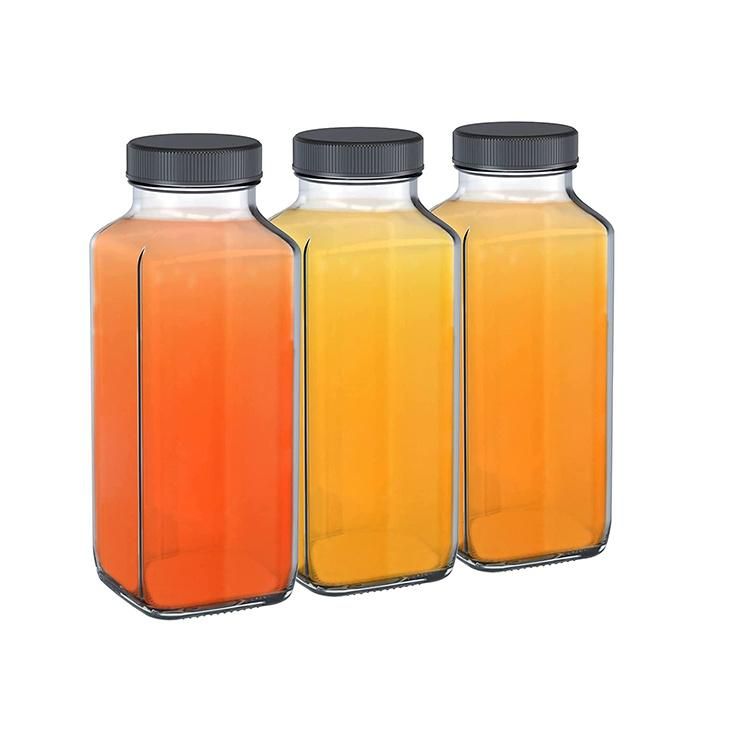 8 Oz Square Glass Bottle for Drink Clear Glass Material Juicer Bottle with Plastic Metal Lid