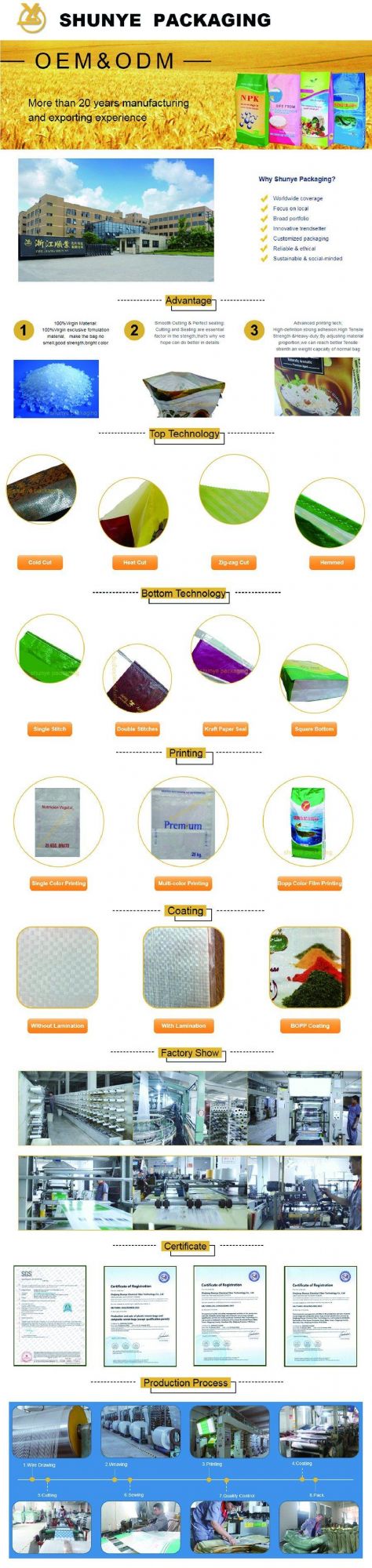 Plastic 50kg Laminated Rice Feed PP Woven Fertilizer Packaging Bag