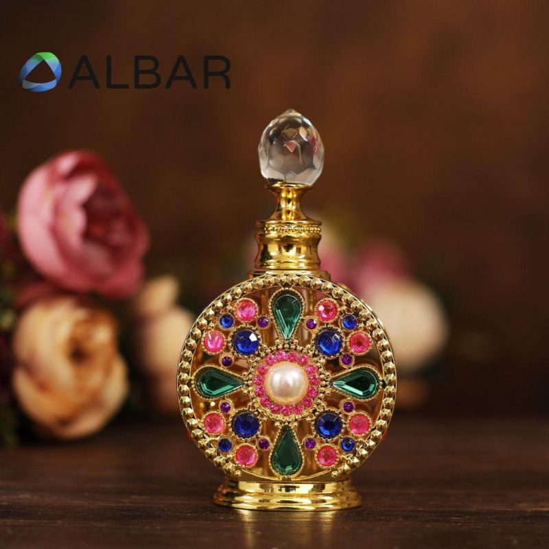 Flat Round Metal Gold Color Tower Shape Perfume Bottles in Attar Oud Fragrance Essential Oil