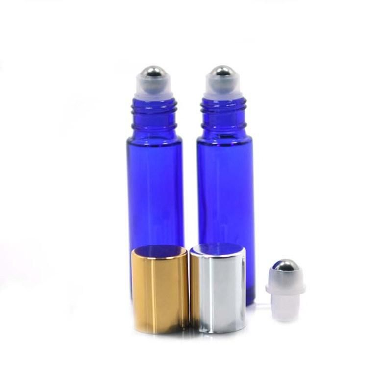 Blue Aromatherapy Essential Oil Roller Bottles Portable 10ml Smooth Glass Roll on Refillable Jar Bottles with Metal Ball