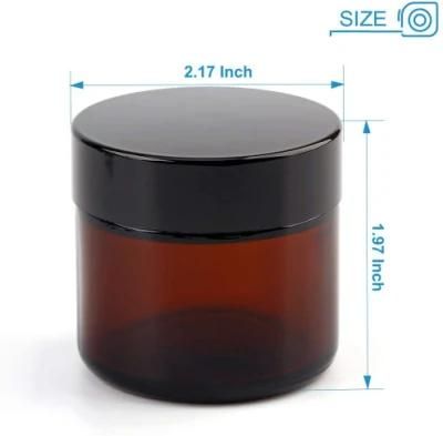 5 Pack of 2 Oz Amber Round Glass Jars, with Inner Liners and Black Lids, Empty Cosmetic Containers, Cream Jars